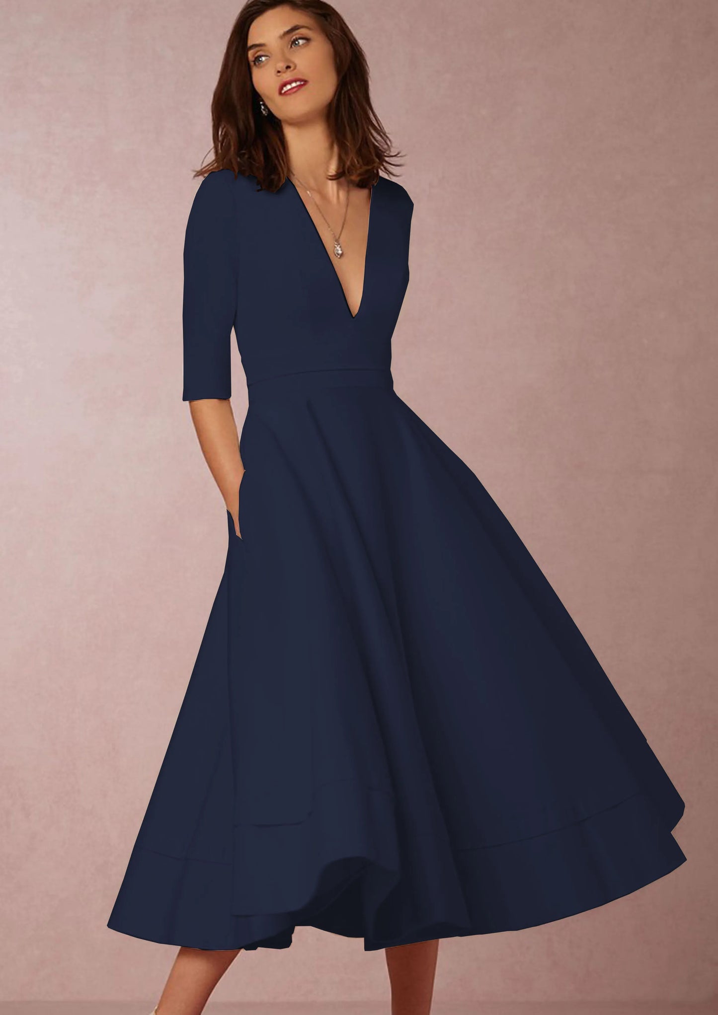 New Women Dress Long Fashion Vacation Party Dresses Short Sleeve V-neck Slit Solid High Quality Vestidos Femme 2024