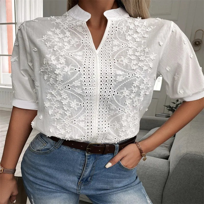 2026 Summer Women's Elegant Short Sleeve White Blouse - Vintage Cotton Crochet Hollow Out Embroidery Tops Fashion