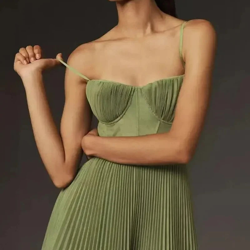 Sexy Evening Dress Women's Elegant Pleated Big Swing High Waist Suspender Long Dresses 2025 New Trendy Chic Party Cocktail Dress