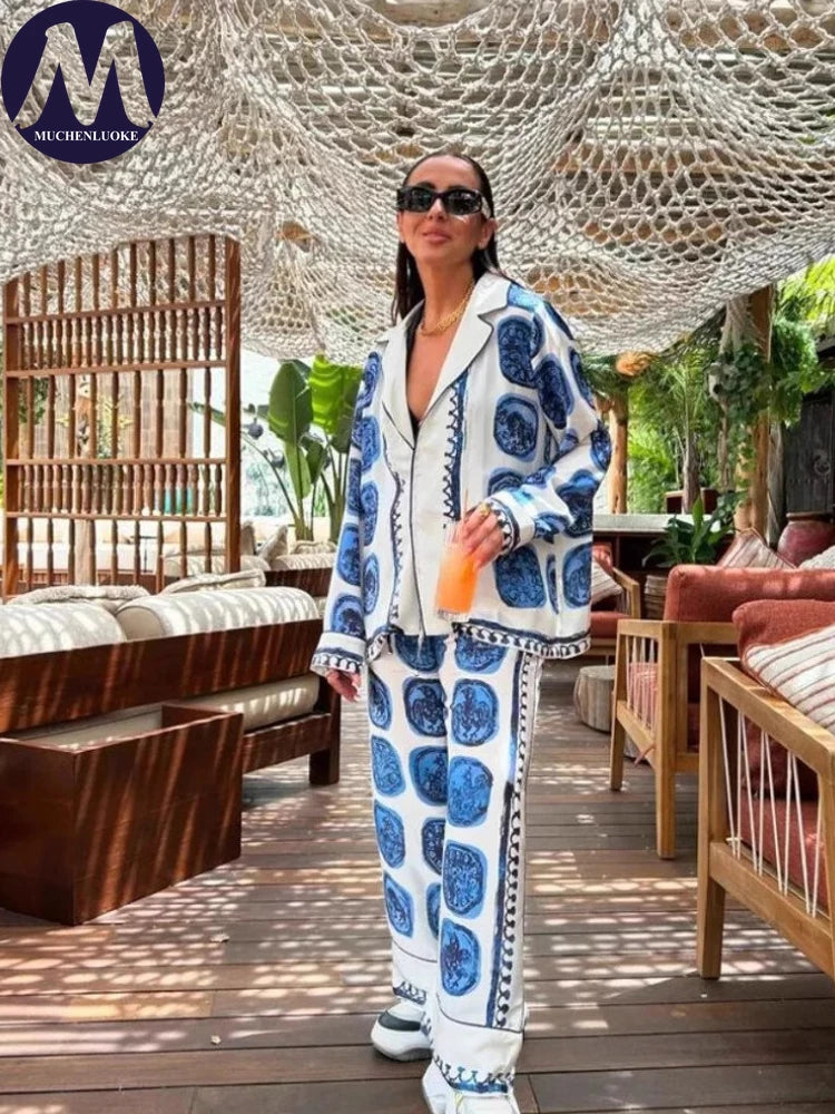 Women's Casual Two-Piece Set Spring Summer High Waist Wide Leg Pants with Long Sleeve Printed Top Fashionable Loose Fit Outfit