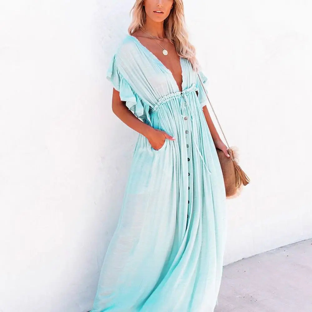 Fashion V Neck Summer Sunscreen Smock Loose Casual Beachwear Shirt Bathing Suit Long Swimsuit Cover Up Dress for Women
