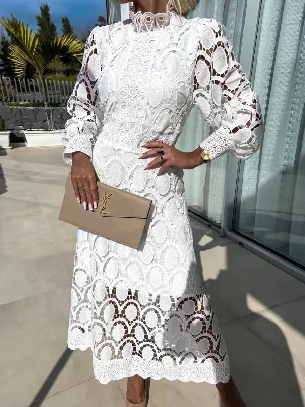 Slimming Long Dress Hot Sale Of The Season New Lace Stand Collar Splice Ruffle Bubble Sleeve Gathered Waist Big Skirt A- Line Mi