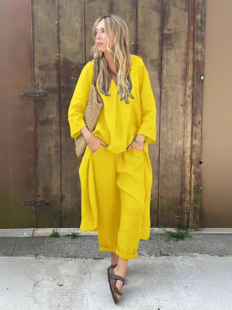 2025 Summer Fashion New Women's Cotton and Hemp Set Loose V-neck Long Top High Waist Wide Leg Pants Two Piece Set