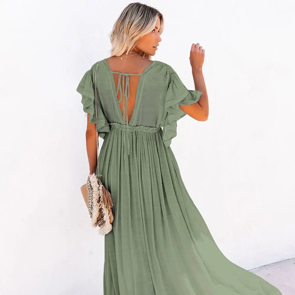 Fashion V Neck Summer Sunscreen Smock Loose Casual Beachwear Shirt Bathing Suit Long Swimsuit Cover Up Dress for Women
