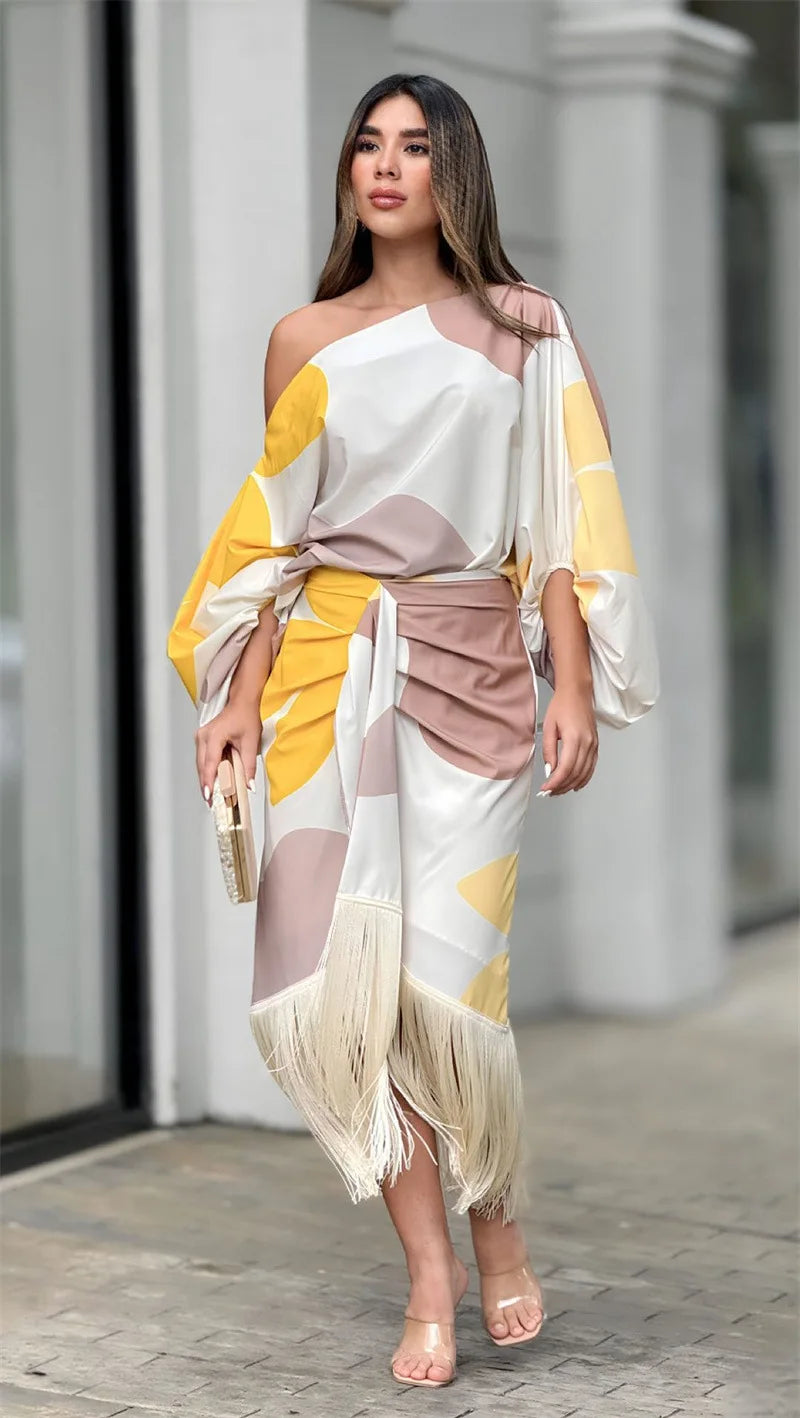 Fashionable Fringed Printed Women Skirt Two-piece Set Spring Autumn Elegant Slanted Collar Mid Length Sleeve Women's Skirt Set