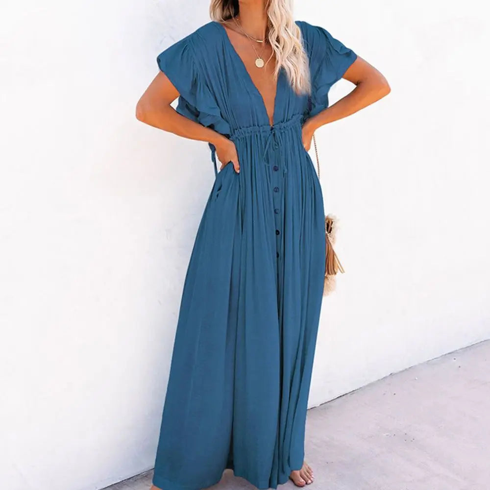 Fashion V Neck Summer Sunscreen Smock Loose Casual Beachwear Shirt Bathing Suit Long Swimsuit Cover Up Dress for Women
