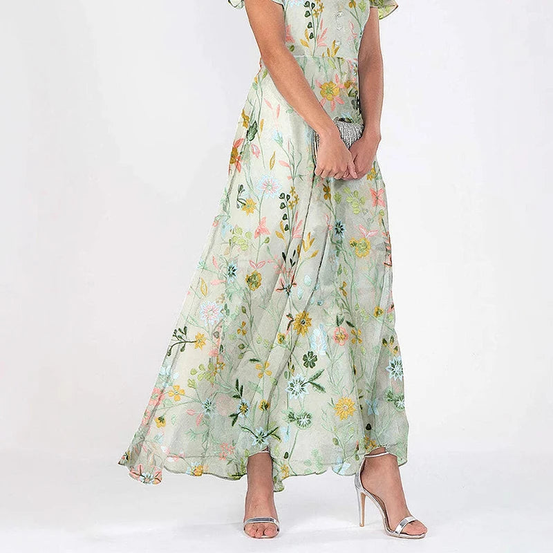 Sweet Floral Print Green Women's Summer Long Dress V-Neck Short Sleeve Sundress High-Waist Hem Maxi Dresses Female Vestidos
