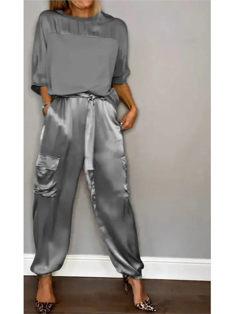 2024 Spring Women's New Fashionable Smooth Satin Half Sleeve Top With Strap Pants Pocket Set Half Sleeve Pants Two Piece Set