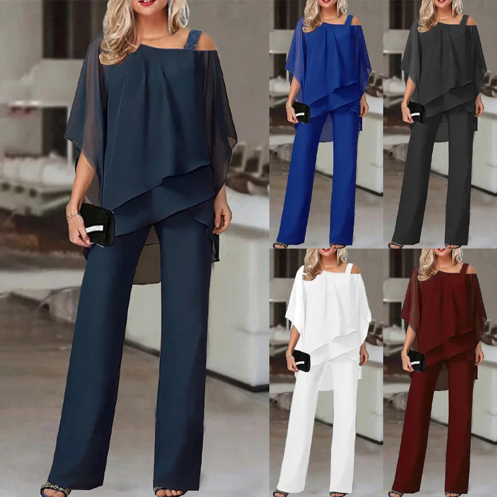 New Matching Collection Fashion Women's Bat Sleeve Top Casual Off Shoulder Party Elegant Wide Leg Pants Women's Two Piece Set
