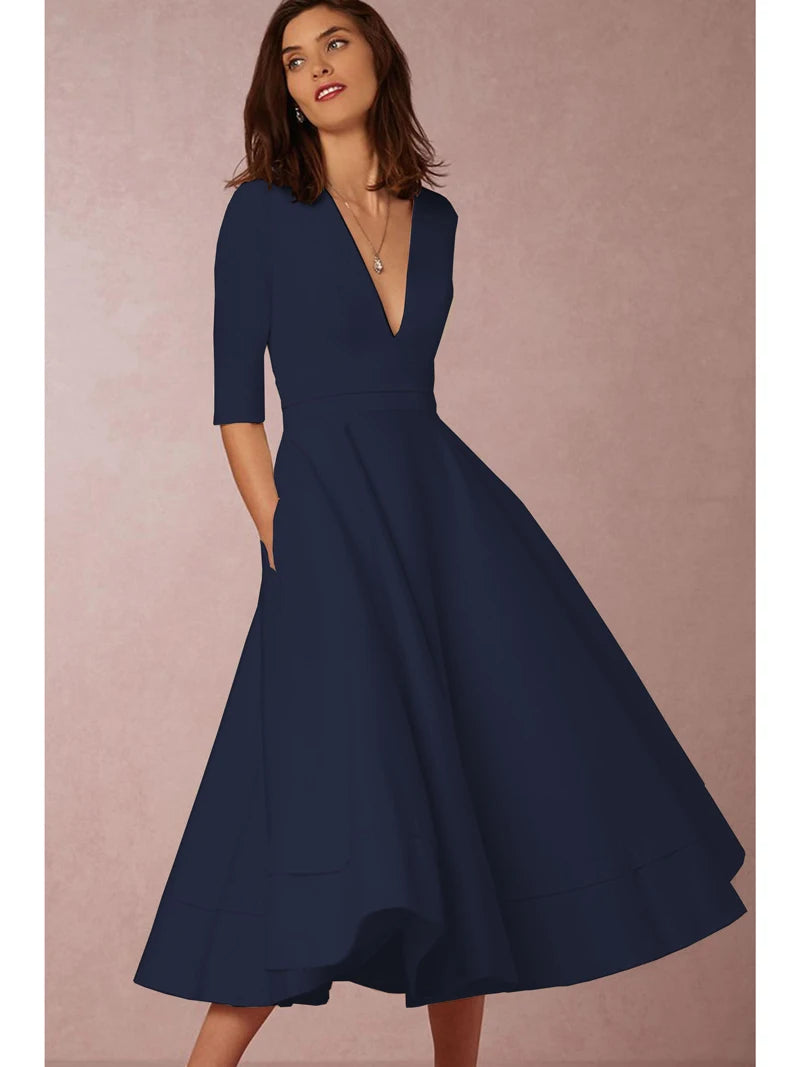 New Women Dress Long Fashion Vacation Party Dresses Short Sleeve V-neck Slit Solid High Quality Vestidos Femme 2024