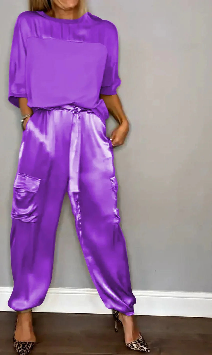 2024 Spring Women's New Fashionable Smooth Satin Half Sleeve Top With Strap Pants Pocket Set Half Sleeve Pants Two Piece Set