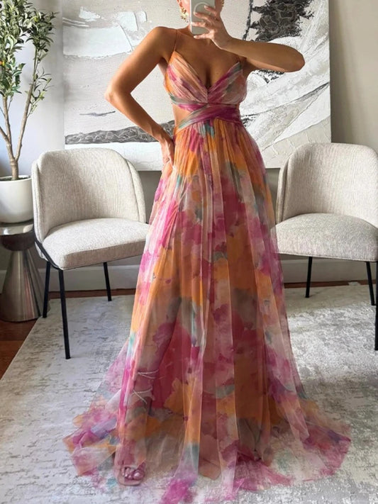 2026 Summer Fashion New Women's Elegant Beach Vacation Dress with Strap Color Blocked Printing Party Grand Display, Long Dress