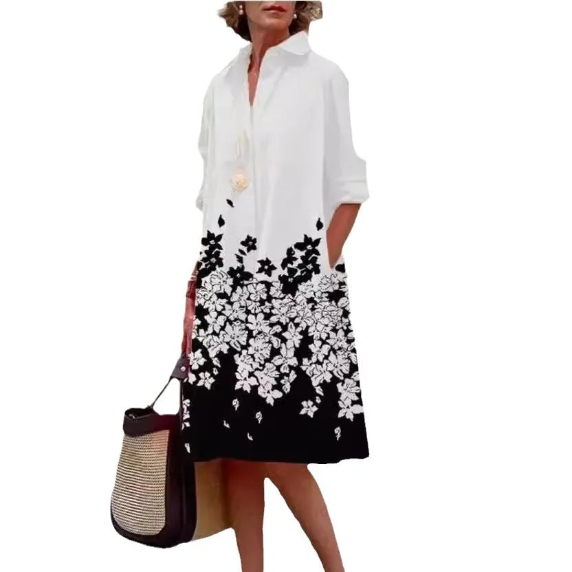 Simple Print Midi Dress Sleeveless Dress V-neck Bubble Sleeve Long Dress Casual Style Business Suit Polyester Fabric