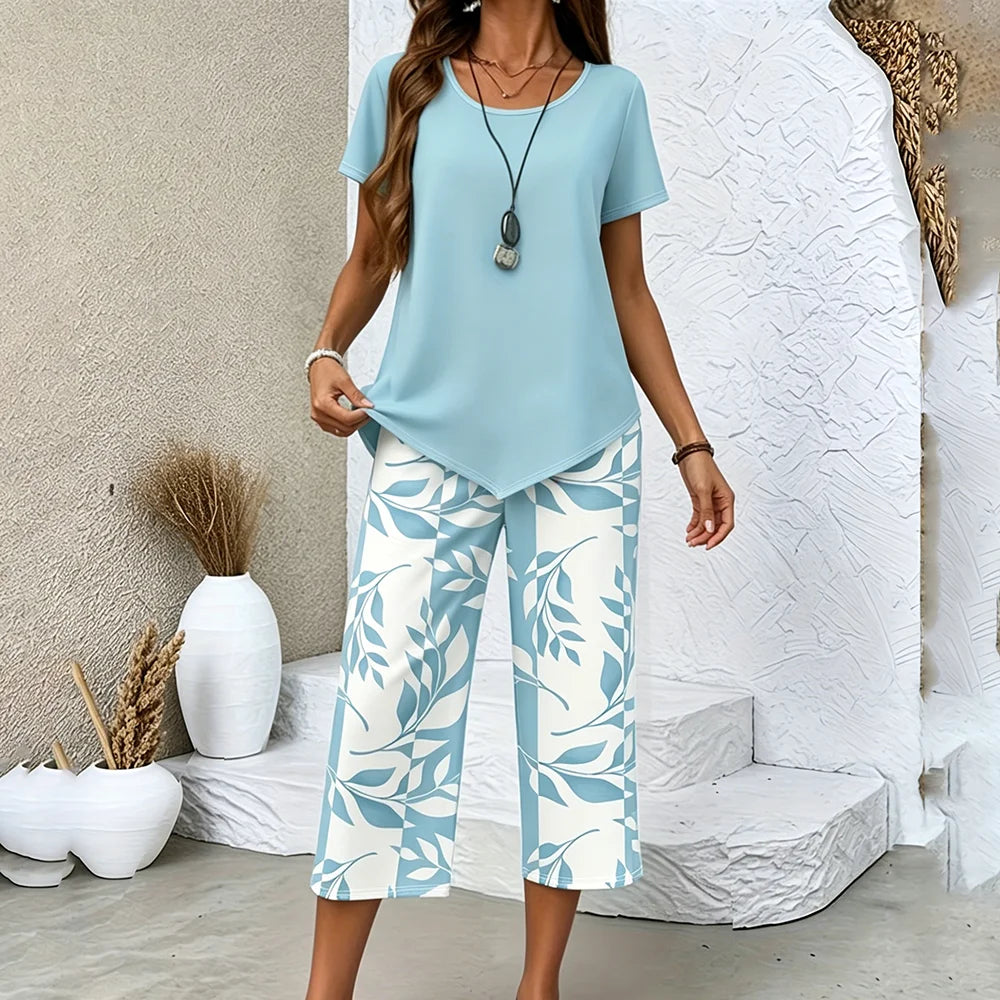 2Pcs Women Summer Casual Set, Smooth Soft Leaf Print Pants & Asymmetrical Top, Breathable Loungewear for Daily