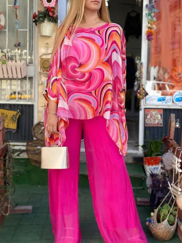 Women Colorful Chiffon Set Two Piece Suit Summer Print Round Neck Bat Sleeves Irregular Top Wide Leg Pants Casual 2 Piece Set