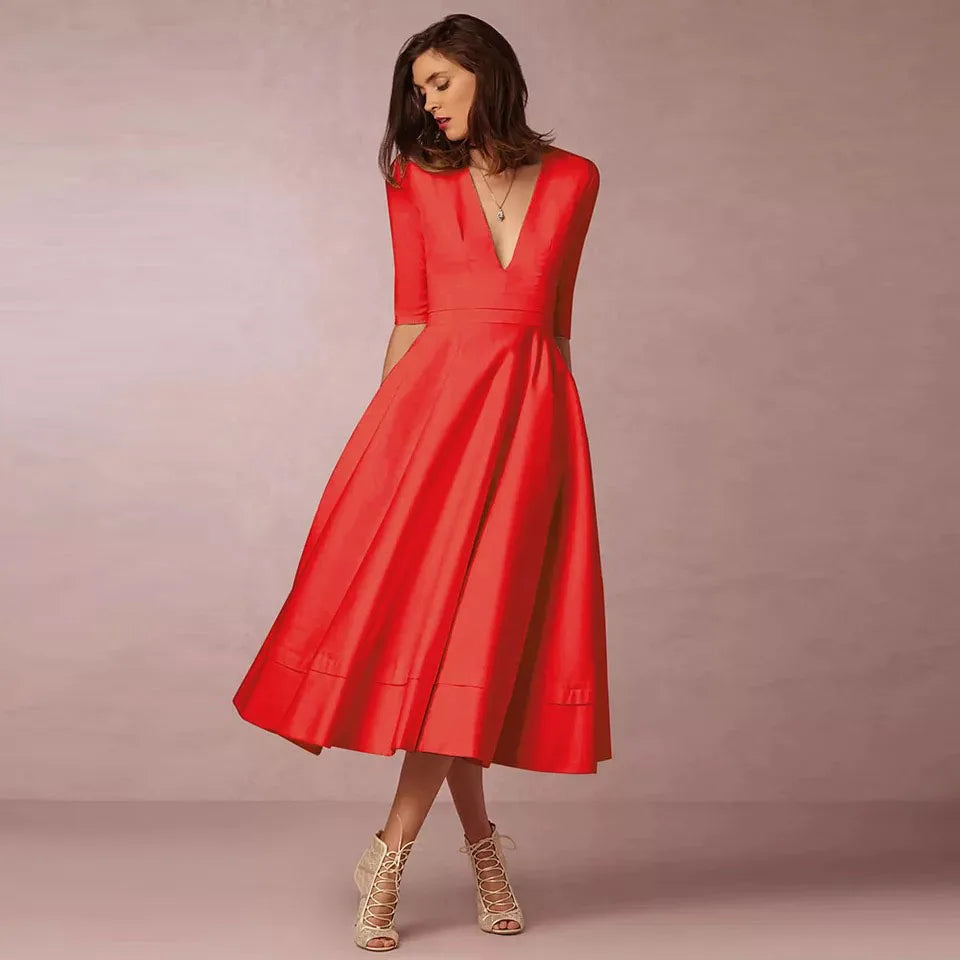 New Women Dress Long Fashion Vacation Party Dresses Short Sleeve V-neck Slit Solid High Quality Vestidos Femme 2024