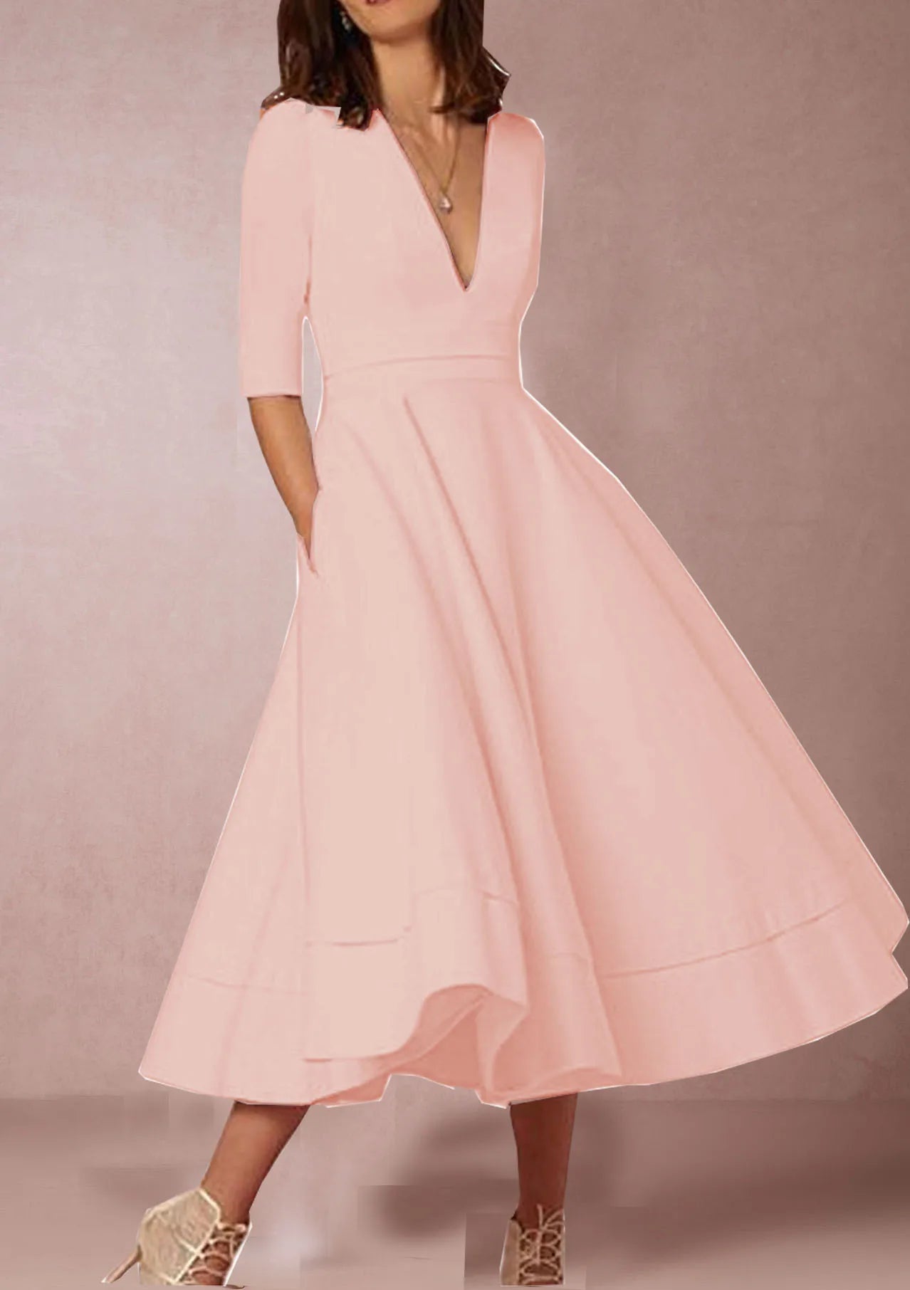 New Women Dress Long Fashion Vacation Party Dresses Short Sleeve V-neck Slit Solid High Quality Vestidos Femme 2024