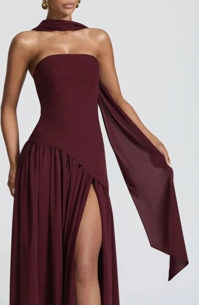 Summer Elegant Fashion Sexy Slit Backless Evening Party Ceremony Flowy Long Dresses For Women Dress With Scarf