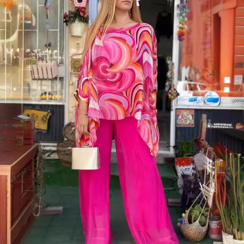 Women Colorful Chiffon Set Two Piece Suit Summer Print Round Neck Bat Sleeves Irregular Top Wide Leg Pants Casual 2 Piece Set