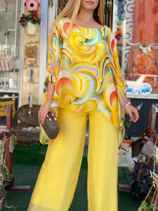 Women Colorful Chiffon Set Two Piece Suit Summer Print Round Neck Bat Sleeves Irregular Top Wide Leg Pants Casual 2 Piece Set