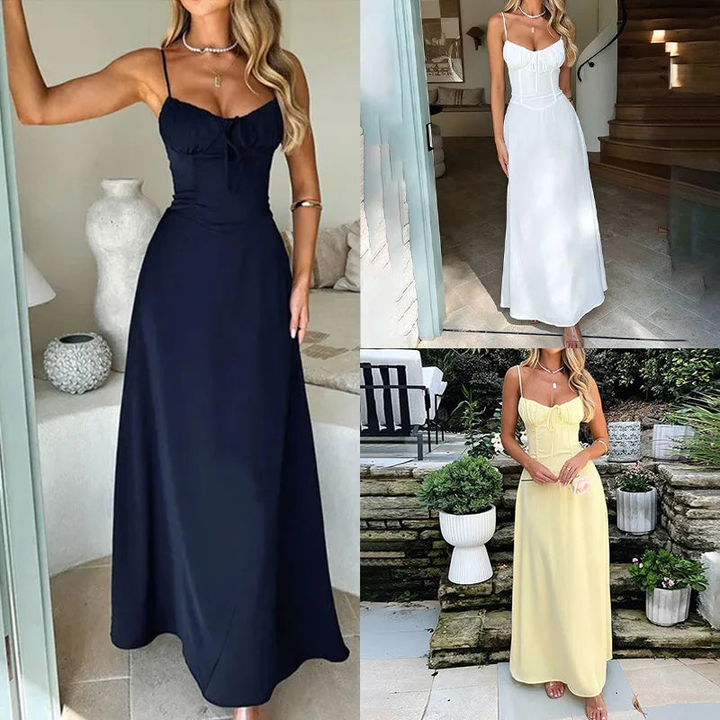2026 Women Elegant Spaghetti Strap Camisole Sleeveless Lace Up Long Dress for Summer Casual Party and Beach Vacation