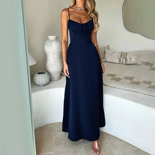 2026 Women Elegant Spaghetti Strap Camisole Sleeveless Lace Up Long Dress for Summer Casual Party and Beach Vacation