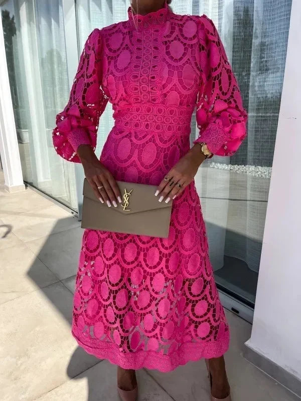 Slimming Long Dress Hot Sale Of The Season New Lace Stand Collar Splice Ruffle Bubble Sleeve Gathered Waist Big Skirt A- Line Mi