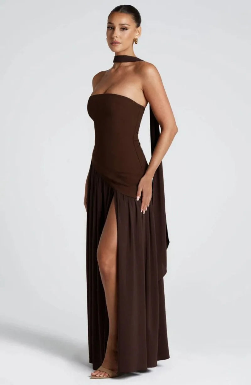 Summer Elegant Fashion Sexy Slit Backless Evening Party Ceremony Flowy Long Dresses For Women Dress With Scarf