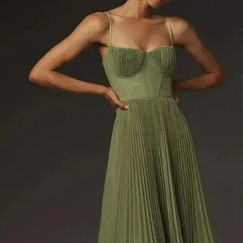 Sexy Evening Dress Women's Elegant Pleated Big Swing High Waist Suspender Long Dresses 2025 New Trendy Chic Party Cocktail Dress