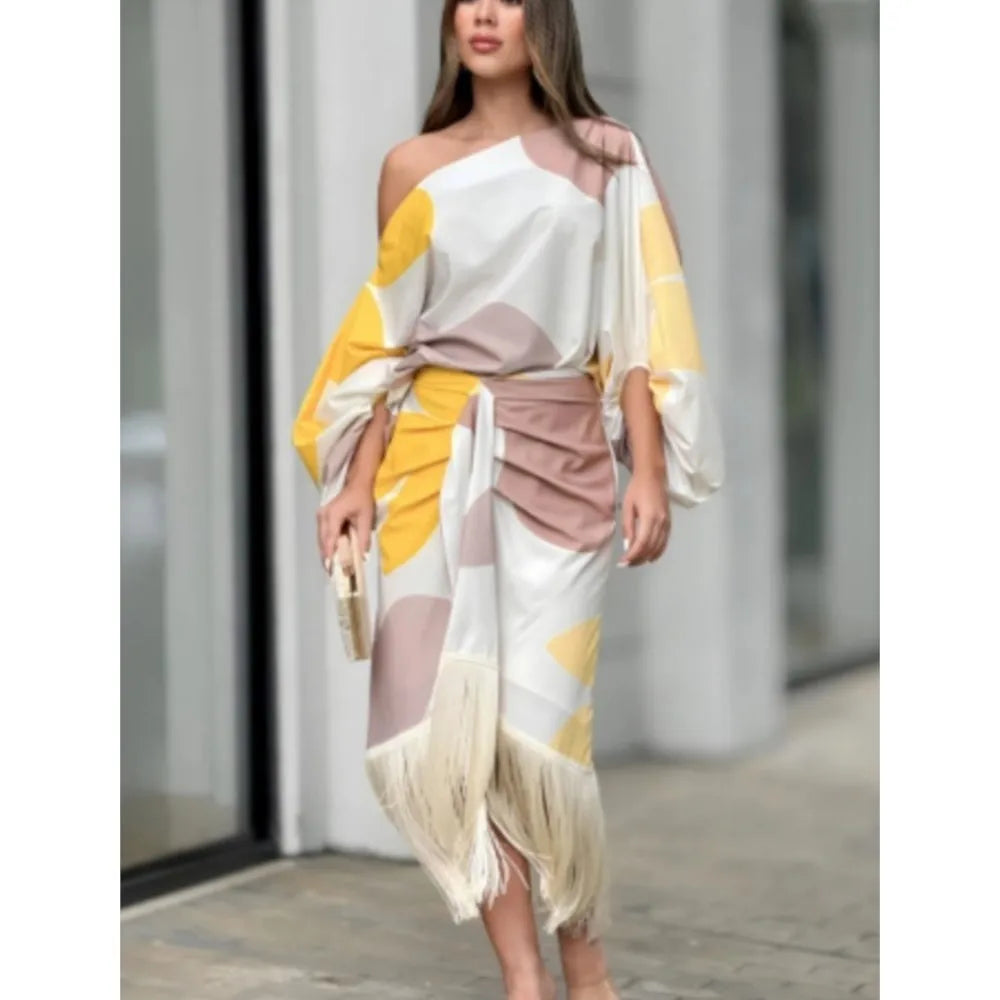 Fashionable Fringed Printed Women Skirt Two-piece Set Spring Autumn Elegant Slanted Collar Mid Length Sleeve Women's Skirt Set