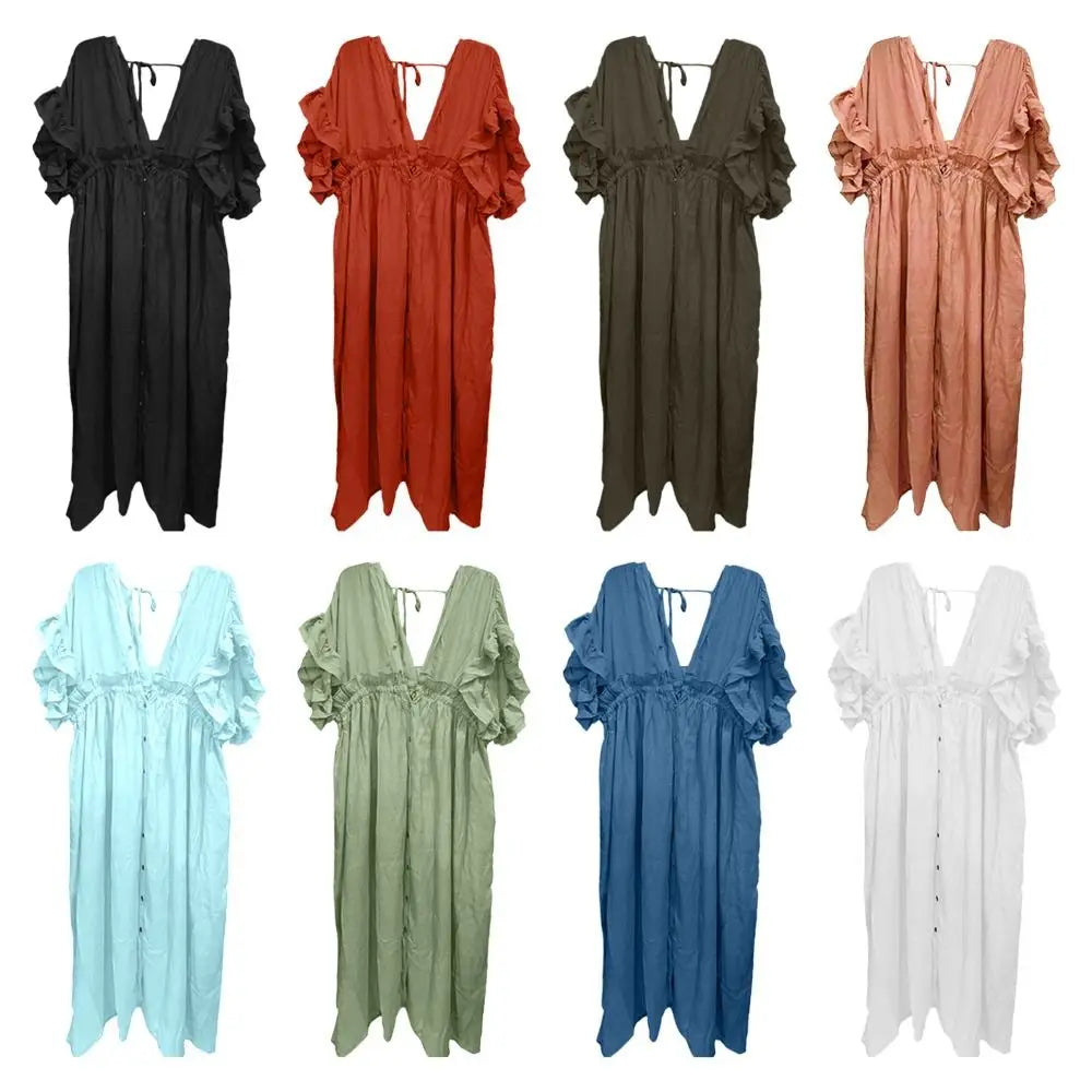 Fashion V Neck Summer Sunscreen Smock Loose Casual Beachwear Shirt Bathing Suit Long Swimsuit Cover Up Dress for Women