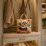 Steppelt táska – Shih tzu könyvekkel és virágokkal