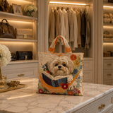 Steppelt táska – Shih tzu könyvekkel és virágokkal